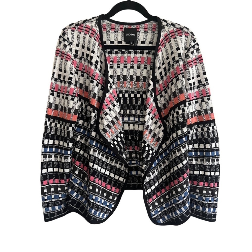 Nic+Zoe Flashing Lights Geo Striped Open Front Sweater Size S Office Boho Layer